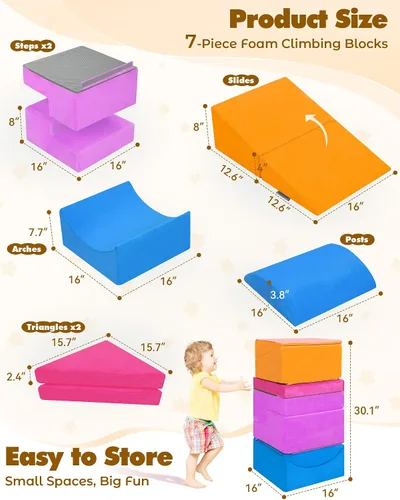 Miniatura 2 de Kayfia Juguetes de escalada para niños pequeños en interiores, bloques de escalada de espuma para bebés de 7 piezas, juego suave y colorido