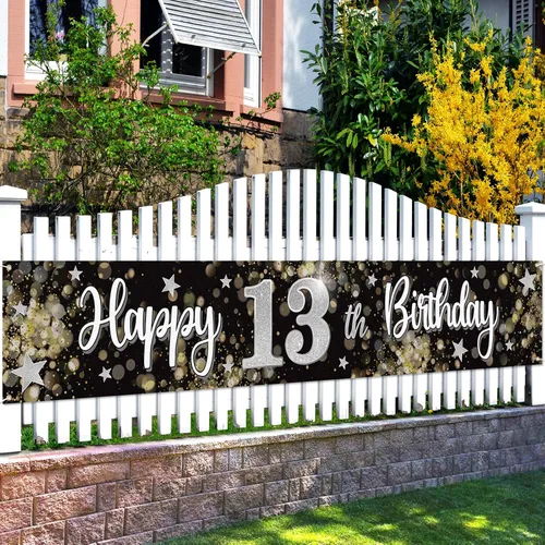 Miniatura 24 de Decoraciones de feliz cumpleaños número 10, globo de estrella de ensueño negro y plateado grande cartel colgante de cumpleaños, suministros