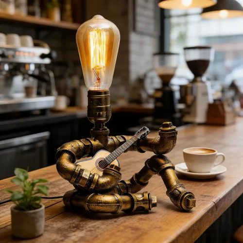 Miniatura 5 de Lámpara de mesa de guitarra musical, lámpara de mesa robot de guitarra steampunk, lámpara steampunk de guitarras retro, lámpara de robot de tubo