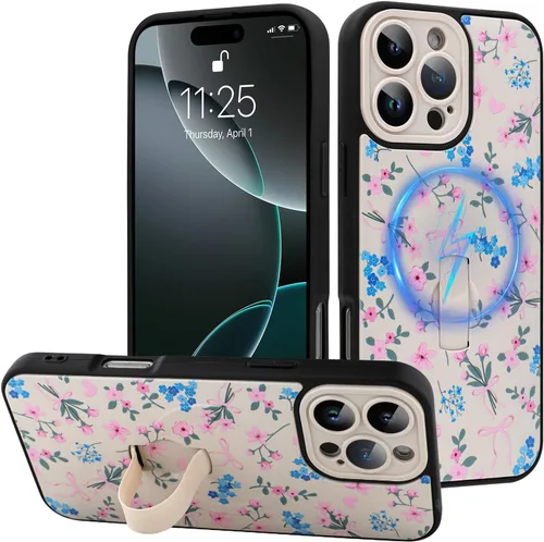 Miniatura 77 de Funda diseñada para iPhone 17 Pro Max con soporte plegable y correa para dedos, bonito patrón de lazo de corazón de flor rosa para mujeres y niñas