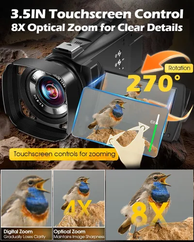 Miniatura 4 de Videocámara de cámara de video 5K, cámara de vlogging WiFi de 64 MP para YouTube con zoom óptico 8X, pantalla táctil IPS de 3.5 pulgadas, visión