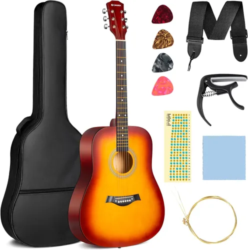 Miniatura 9 de CAHAYA Guitarra acústica: Juego de iniciación de 96.5 cm con corte para principiantes, de madera, para niños, adolescentes y adultos, con bolsa