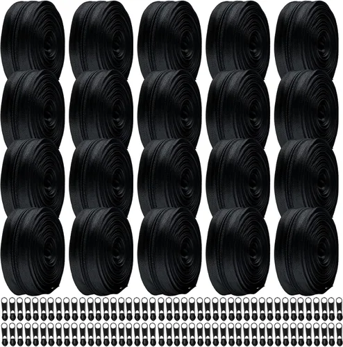 WILLBOND 100 yardas, 20 unidades de cremalleras de costura a granel #5 cremalleras de bobina de nailon negro para coser con 200 deslizadores de