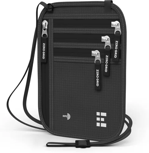 Miniatura 33 de Cartera para el cuello para viajes y pasaporte con bloqueo RFID, delgada y fácil de ocultar, bolsa de viaje de nailon para hombres y mujeres
