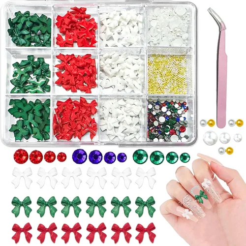 CYHYII - Lazos 3D para arte de uñas, lazos coloridos mezclados con pajarita roja, verde, azul, diamantes de imitación para uñas, parte trasera