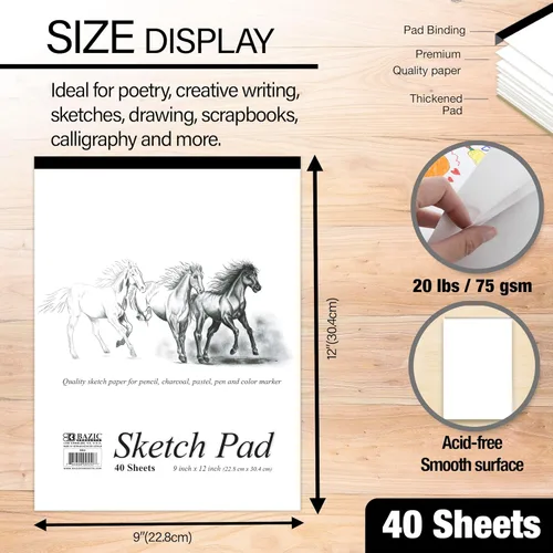 Miniatura 2 de BAZIC Products Bloc de bocetos de 40 hojas de 9 x 12 pulgadas, cuaderno de dibujo blanco, papel de bocetos, libro para colorear para artistas