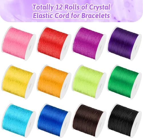 Miniatura 2 de PAXCOO 12 rollos de hilo elástico Crystal Tec para pulseras, cordón de hilo elástico para cuentas de 0.031 pulgadas, hilo de joyería para pulseras