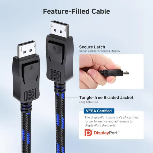 Miniatura 6 de Cable Matters [Certificado VESA] Cable DisplayPort trenzado de 6 pies 32.4 Gbps 1.4, 8K 60Hz / 4K 240Hz DisplayPort 1.4 cable con FreeSync, G-SYNC