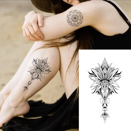 Miniatura 3 de 32 hojas de calcomanías temporales para mujer, diseño de mandala de plumas de henna, tatuajes temporales para mujeres