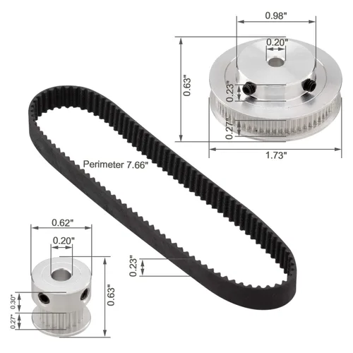Miniatura 3 de PAGOW Rueda síncrona GT2 20 y 60 dientes de diámetro de 0.197 in, polea de distribución de aluminio con longitud 7.874 in de ancho y correa de 0.236