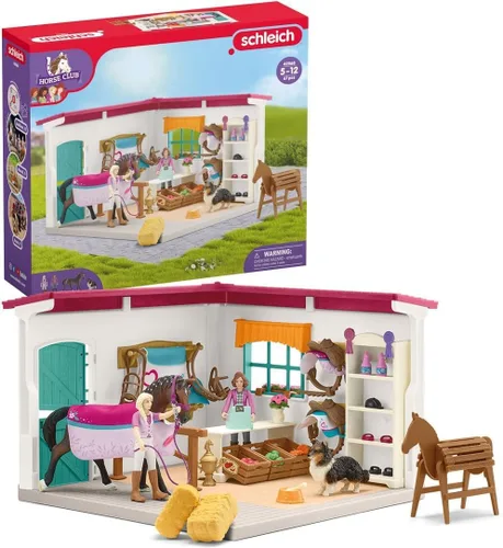 Schleich Horse Club - Juego de 67 piezas de Sofia's Tack Shop con figura de caballo de juguete, 2 figuras de acción posables y accesorios, juguetes