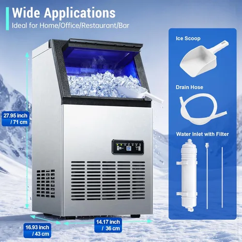 Miniatura 2 de Amzgachfktch Máquina de hielo comercial, máquina de hielo de 120 libras/24 horas, 2 modos de entrada de agua, máquina de hielo debajo del mostrador