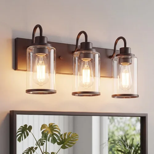 Miniatura 15 de Beionxii BX-VL01BG-3CG - Lámpara de tocador de baño, 3 lámparas doradas claras con pantalla de cristal transparente, accesorios de iluminación