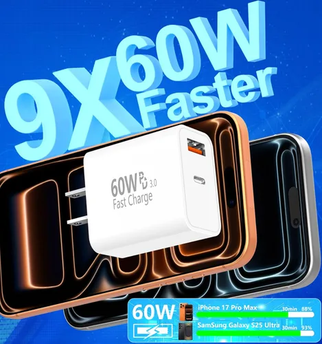 Miniatura 3 de [Certificado MFi de Apple] Cargador para iPhone 17 de carga rápida, Linocell 4 unidades de 60 W, cargador USB C de doble puerto, adaptador de Blanco