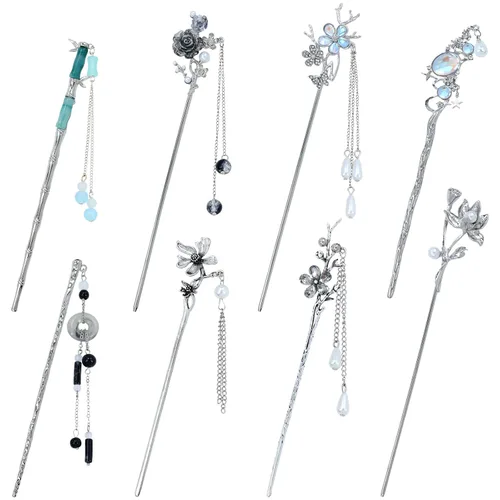 inSowni 8 Piezas Palillos de Cabello Retro Vintage Asiáticos Chinos Tradicionales Hanfu de Metal Plateado con Colgantes de Cuentas de Perlas Flor de