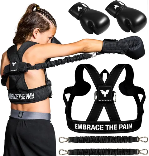 Elite Sports Arnés de boxeo para niños con guantes de 6 onzas, bandas de resistencia ajustables (3 niveles), correa de estabilidad, hombros y