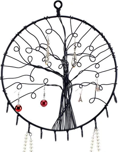 MyGift Soporte redondo de metal para colgar en la pared, diseño de silueta de árbol de metal, aretes y ganchos para collares, negro