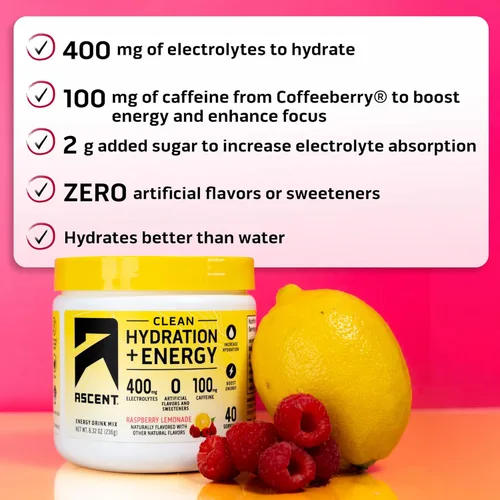 Miniatura 2 de Ascent Clean Hydration + Energy Electrolytes Powder - 100 mg de cafeína, 400 mg de electrolitos, sin ingredientes artificiales, limonada