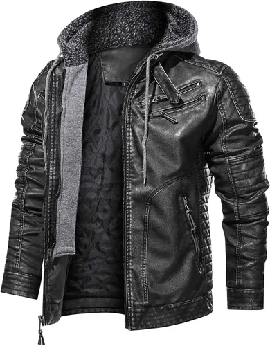MANSDOUR Chaqueta de piel sintética para hombre, color negro cálido, chaqueta bomber para motocicleta con capucha extraíble
