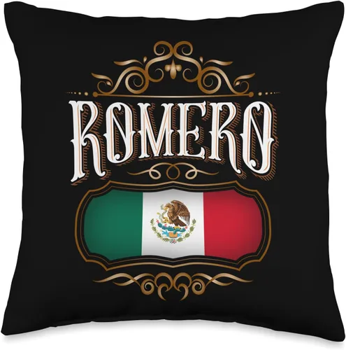 Romero Surname Mexico Flag Pride Designs Apellido Romero con Bandera de México versión Vintage Throw Pillow, 16x16, Multicolor