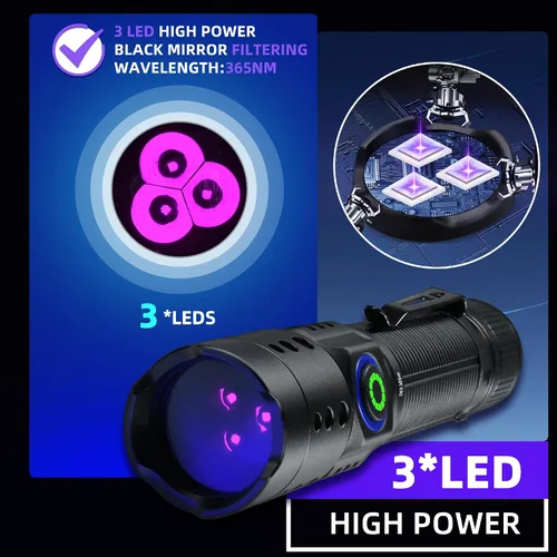 Miniatura 3 de DARKBEAM Linterna de Luz UV de 365nm Luz Negra, Mini Linternas de Luz Negra de 20W con 3 LED Recargables Lámpara Woods para Orina de Mascotas, Fugas