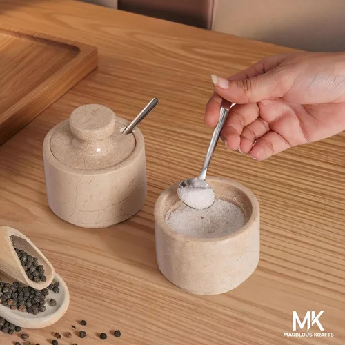 Miniatura 6 de MARBLOUS KRAFTS Salero de mármol 3" de piedra Verona, ideal para regalos de Navidad, juego de 2 contenedores de almacenamiento de café para encimera