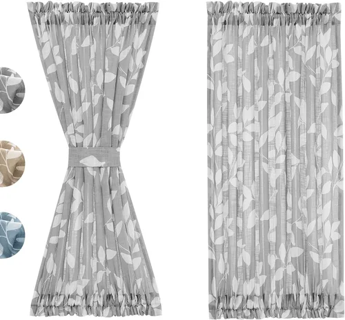 Miniatura 11 de Treatmentex Paneles de puerta francesa con luz lateral azul y blanca de 40 pulgadas de largo, estampado de hojas largas, cortinas de ventana