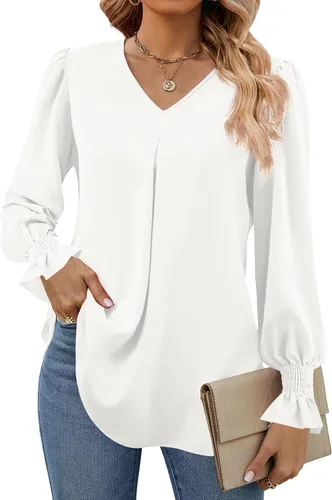Funlingo Blusas de mujer con mangas largas 2025, elegantes y casuales, con cuello en V, túnica suelta de gasa para el trabajo