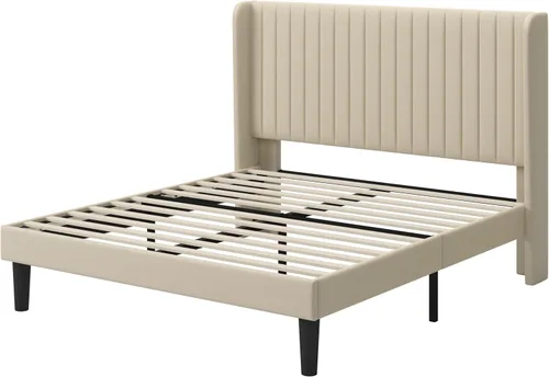 Miniatura 8 de GOLDORO Base de cama tapizada de tamaño matrimonial con cabecera de ala capitonada de canal vertical, soporte de listones de madera, no necesita