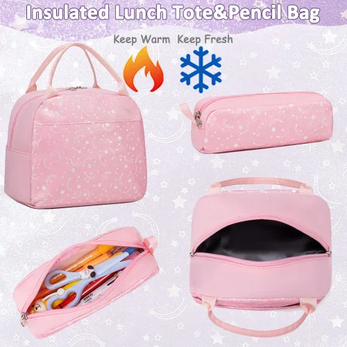 Miniatura 77 de Juego de mochila para niñas y adolescentes, mochila escolar para niños con bolsa para el almuerzo, estuche para lápices, mochilas escolares