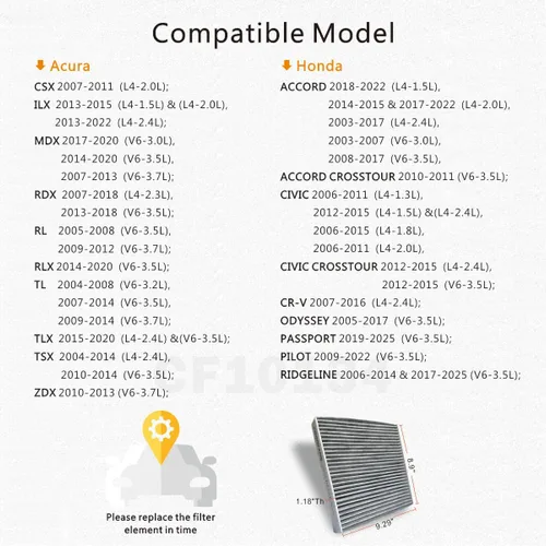 Miniatura 4 de CF10134 Filtro de aire de cabina con carbón activado de repuesto para Honda Accord/Civic/CR-V/Passport/Pilot/Odyssey/Ridgeline, Acura