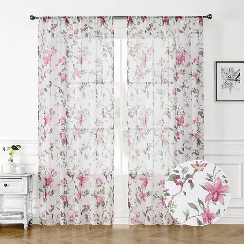 Miniatura 11 de Tollpiz Cortinas cortas y traslúcidas con estampado de mariposas y cerezo gris, media cortina con bolsillo para barra de cocina, cortinas