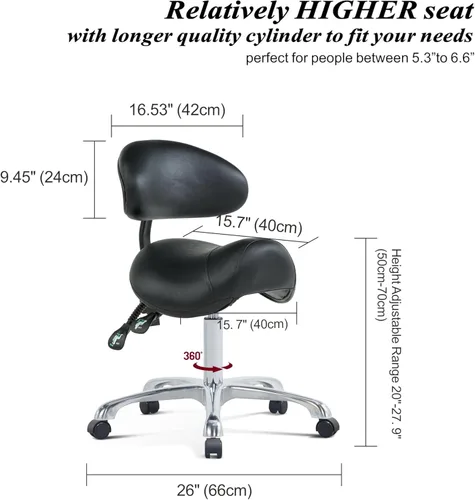 Miniatura 2 de Silla de montar con ruedas con soporte de espalda, silla ergonómica ajustable en altura con ruedas para higienista dental, salón, esteticista..