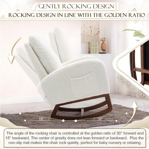 Miniatura 4 de Comfy - Silla mecedora tapizada para guardería o relajación, sillón de sala de estar con respaldo alto, mecedora moderna con bolsillo lateral