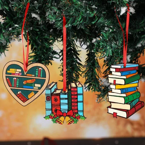 Miniatura 7 de Juego de 24 adornos colgantes para libros de Navidad, árbol de Navidad de madera, muñeco de nieve, campana, estantería de alce, adorno de lectura