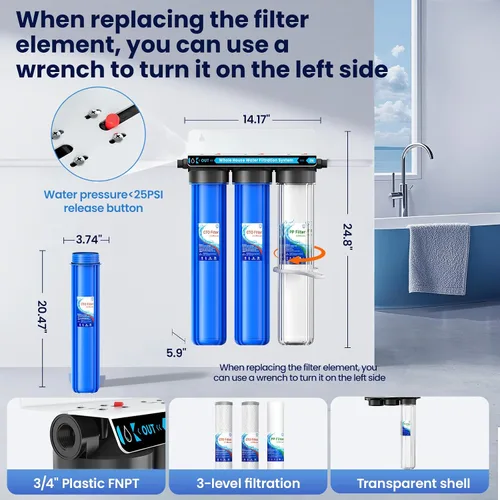 Miniatura 5 de Sistema de filtro de agua para toda la casa, sistema de filtración de agua de 3 etapas para toda la casa, entrada/salida de 3/4 pulgadas, reduce