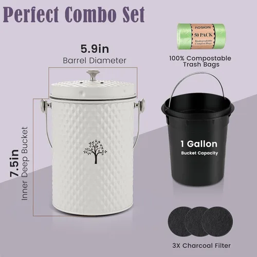 Miniatura 2 de AOSION Contenedor de compostaje para encimera de cocina, contenedor de compostaje interior inodoro con tapa y 50 bolsas de compost, contenedor
