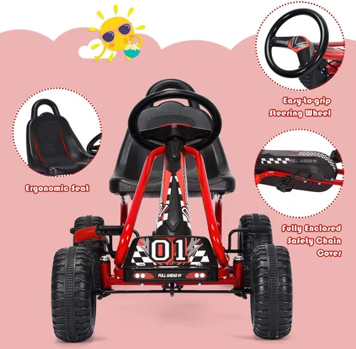 Miniatura 4 de HONEY JOY Go Kart para niños, carrito de 4 ruedas alimentado por pedal con volantes y asiento ajustable, freno de mano de seguridad, neumáticos Rojo