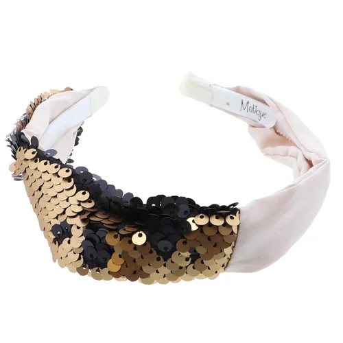 Elegante diadema de lentejuelas de satén medio y medio para niñas y mujeres, color dorado Oro
