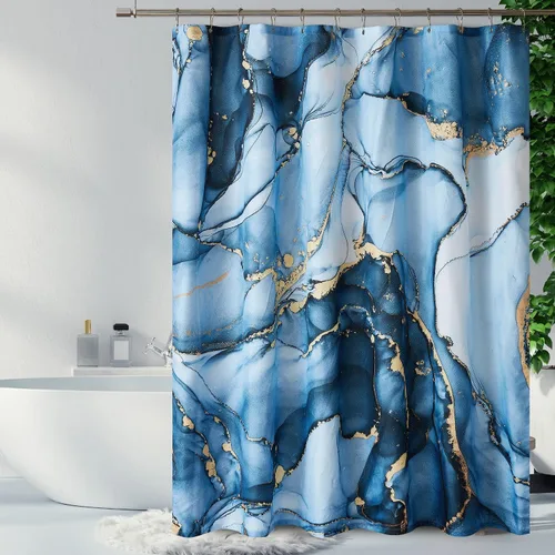 Miniatura 2 de Juego de cortinas de ducha de mármol azul dorado, cortinas de ducha abstractas de mármol para decoración de baño con 12 ganchos de metal, accesorios