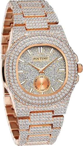Miniatura 9 de Gosasa Reloj de pulsera unisex de cristal para hombre y mujer, reloj cubano con brillo completo, oblongo de plata/oro, reloj de pulsera de acero