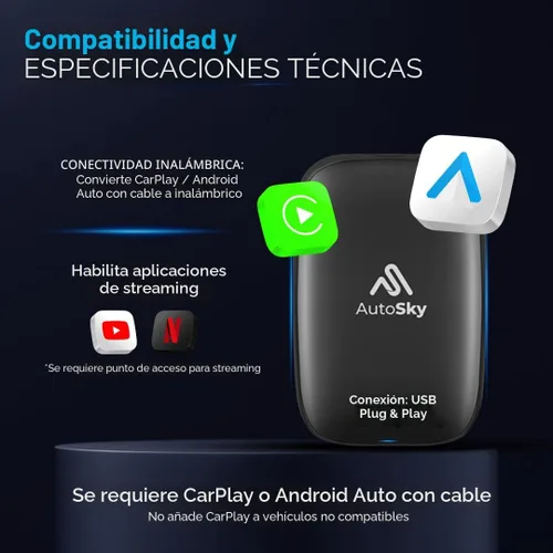 Miniatura 2 de AutoSky AI Box Lite – Adaptador inalámbrico para CarPlay y Android Auto para CarPlay de fábrica (2016+) – Soporta transmisión de YouTube y Netflix
