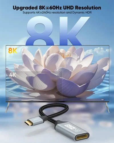 Miniatura 3 de Adaptador USB C a DisplayPort 1.4 8K a 60Hz, adaptador USBC a DisplayPort compatible con Thunderbolt 5/4/3 (4K @240Hz/144Hz, HDR, 32.4Gbps DP)