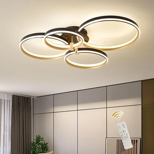 Ganeed Lámpara de techo LED regulable, moderna lámpara de techo de 4 anillos con control remoto, 60 W, luces de techo doradas para sala de estar,