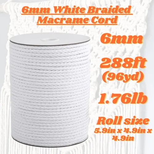 Miniatura 2 de Cuerda trenzada de algodón de 0.236 in, 96 yardas (288 pies), color blanco, cuerda resistente y resistente a la decoloración para principiantes