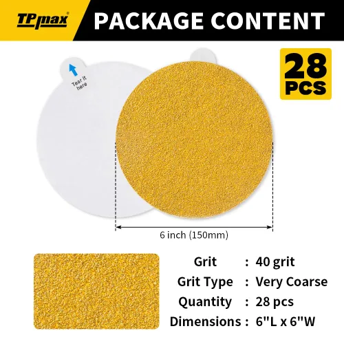 TPmax Paquete de 28 discos de lija PSA dorados de grano 40 de 6 pulgadas, papel de lija autoadhesivo de grado profesional con pestañas de liberación