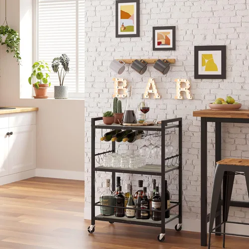 Miniatura 9 de TUTOTAK Carrito de bar, carrito de servicio para bar doméstico, carrito para microondas, carrito de bebidas, estante de cocina móvil con botellero