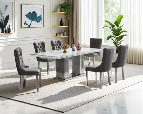 Miniatura 28 de Juego de mesa de comedor de mármol para 4, mesa de cocina rectangular de mármol negro de 68 pulgadas con base en H de acero inoxidable dorado, juego