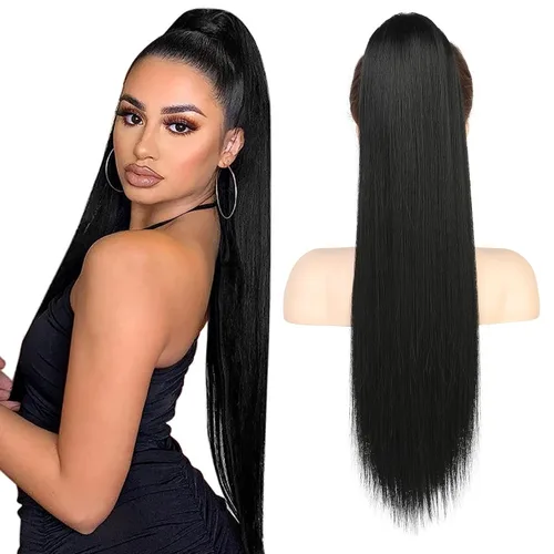 Miniatura 29 de Flufymooz - Extensión de cola de caballo de 26 pulgadas, extensiones de cabello con cordón y clip rectas, cola de caballo falsa natural suave