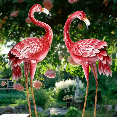 Kircust Estatuas y esculturas de jardín de flamencos, estatua de metal para exteriores, adornos grandes de flamenco rosa para el hogar, patio,